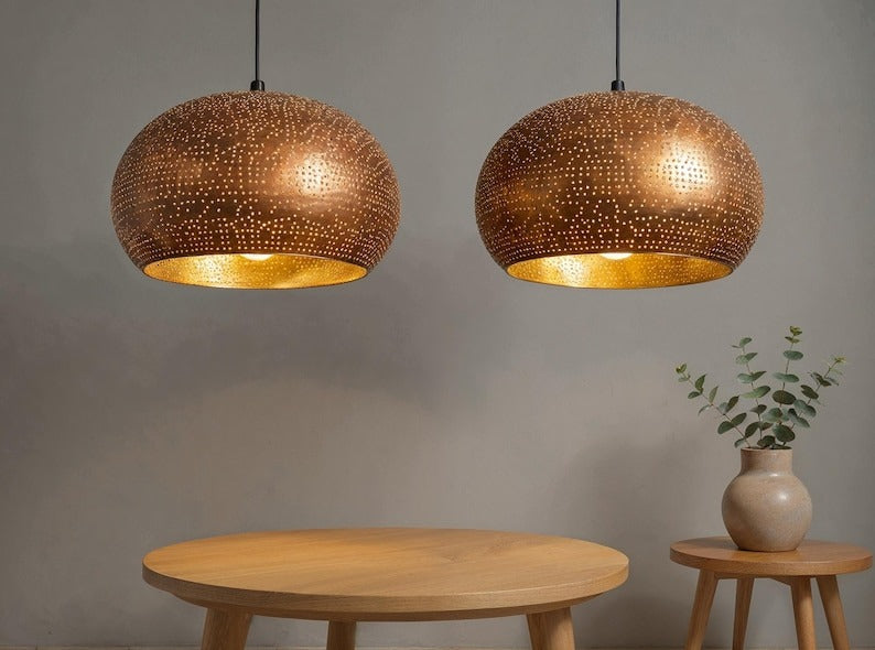 Perforated Copper Dome Pendant Light, Handmade Moroccan Pierced Copper Chandelier, Rustic Gold Interior Kitchen Island Hanging Lamp, Boho Farmhouse Dining Room Ceiling Light Fixture