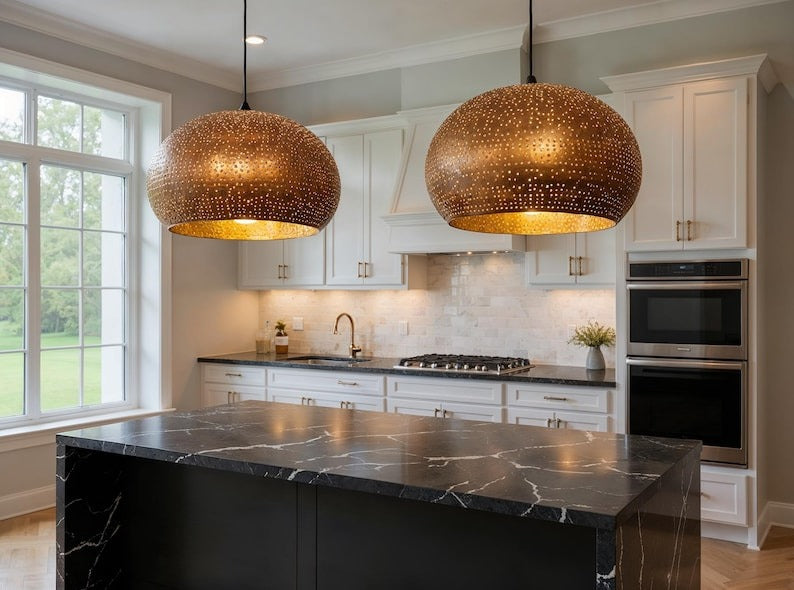 Perforated Copper Dome Pendant Light, Handmade Moroccan Pierced Copper Chandelier, Rustic Gold Interior Kitchen Island Hanging Lamp, Boho Farmhouse Dining Room Ceiling Light Fixture