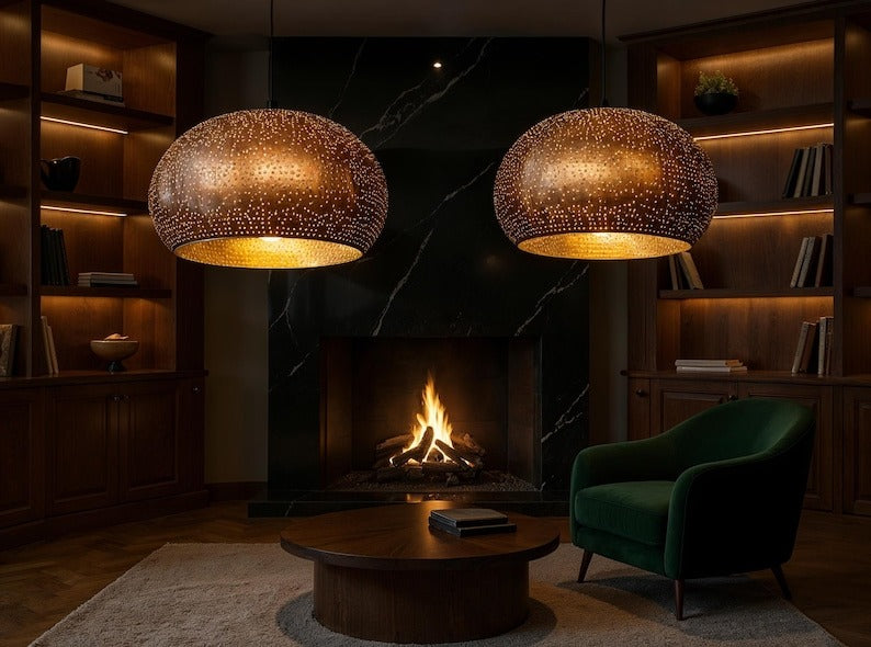 Perforated Copper Dome Pendant Light, Handmade Moroccan Pierced Copper Chandelier, Rustic Gold Interior Kitchen Island Hanging Lamp, Boho Farmhouse Dining Room Ceiling Light Fixture
