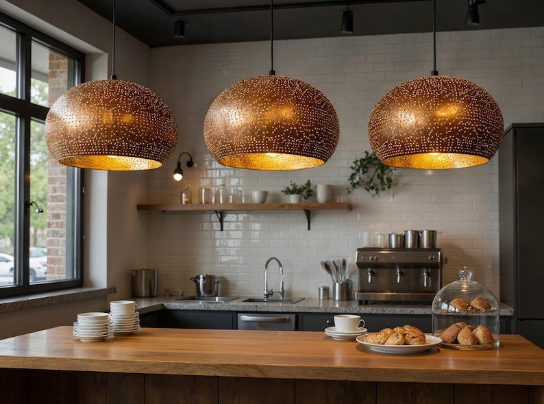 Perforated Copper Dome Pendant Light, Handmade Moroccan Pierced Copper Chandelier, Rustic Gold Interior Kitchen Island Hanging Lamp, Boho Farmhouse Dining Room Ceiling Light Fixture