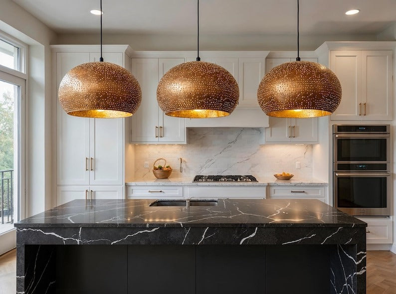 Perforated Copper Dome Pendant Light, Handmade Moroccan Pierced Copper Chandelier, Rustic Gold Interior Kitchen Island Hanging Lamp, Boho Farmhouse Dining Room Ceiling Light Fixture