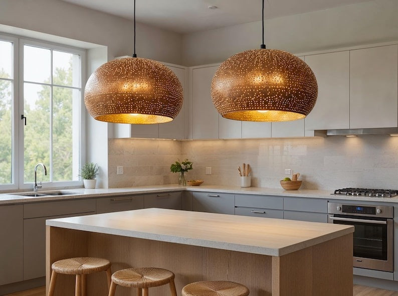 Perforated Copper Dome Pendant Light, Handmade Moroccan Pierced Copper Chandelier, Rustic Gold Interior Kitchen Island Hanging Lamp, Boho Farmhouse Dining Room Ceiling Light Fixture