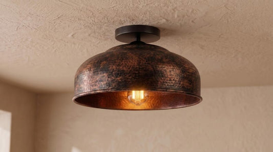 Handmade Brass Flush Mount Ceiling Light – Aged Copper Hammered Brass Dome Fixture, Moroccan Rustic Ceiling Lamp, Vintage Farmhouse Kitchen Light
