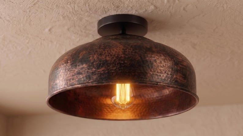 Handmade Brass Flush Mount Ceiling Light – Aged Copper Hammered Brass Dome Fixture, Moroccan Rustic Ceiling Lamp, Vintage Farmhouse Kitchen Light