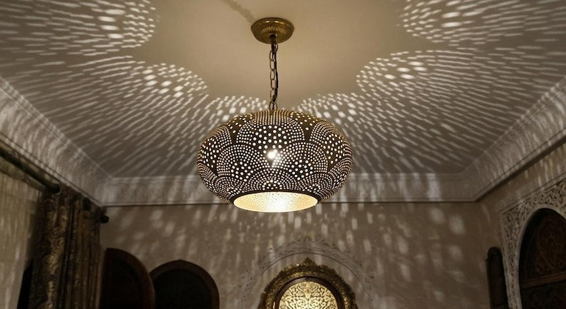 Handmade Pierced Brass Pendant Light – Moroccan Dome Ceiling Lamp, Boho Shadow Light Fixture, Artisan Brass Kitchen Island & Dining Room Hanging Lamp