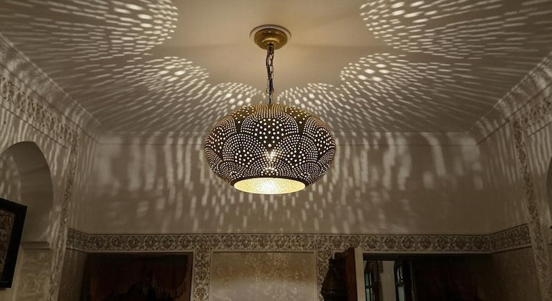 Handmade Pierced Brass Pendant Light – Moroccan Dome Ceiling Lamp, Boho Shadow Light Fixture, Artisan Brass Kitchen Island & Dining Room Hanging Lamp