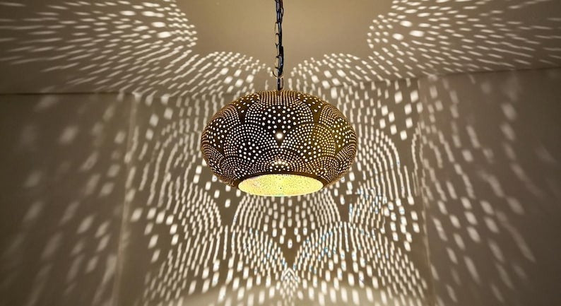 Handmade Pierced Brass Pendant Light – Moroccan Dome Ceiling Lamp, Boho Shadow Light Fixture, Artisan Brass Kitchen Island & Dining Room Hanging Lamp