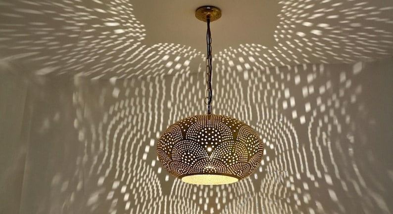 Handmade Pierced Brass Pendant Light – Moroccan Dome Ceiling Lamp, Boho Shadow Light Fixture, Artisan Brass Kitchen Island & Dining Room Hanging Lamp