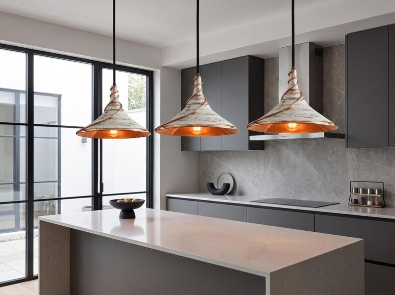 Handmade Moroccan Brass Cone Pendant Light – Distressed White Brass Hanging Lamp with Sculptural Copper Spiral, Warm Copper Interior and Rustic Boho Design for Kitchen Island & Dining Room
