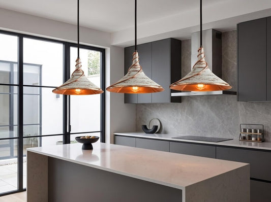 Set of 3 Handmade Moroccan Brass Cone Pendant Lights – Distressed White Hanging Lamps with Sculptural Copper Spirals and Warm Copper Interiors for Kitchen Island & Dining Room