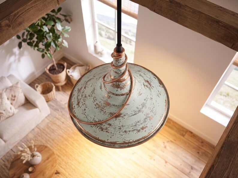 Handmade Moroccan Brass Cone Pendant Light – Distressed White Brass Hanging Lamp with Sculptural Copper Spiral, Warm Copper Interior and Rustic Boho Design for Kitchen Island & Dining Room