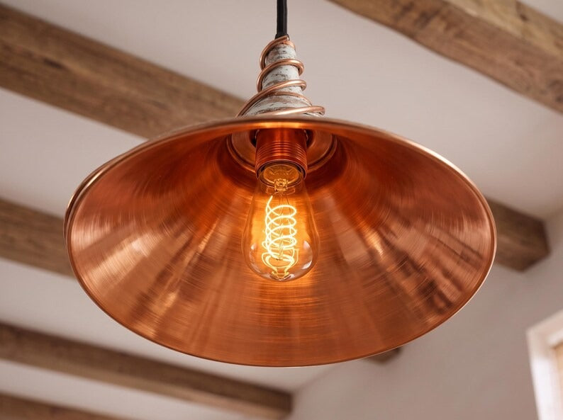 Handmade Moroccan Brass Cone Pendant Light – Distressed White Brass Hanging Lamp with Sculptural Copper Spiral, Warm Copper Interior and Rustic Boho Design for Kitchen Island & Dining Room