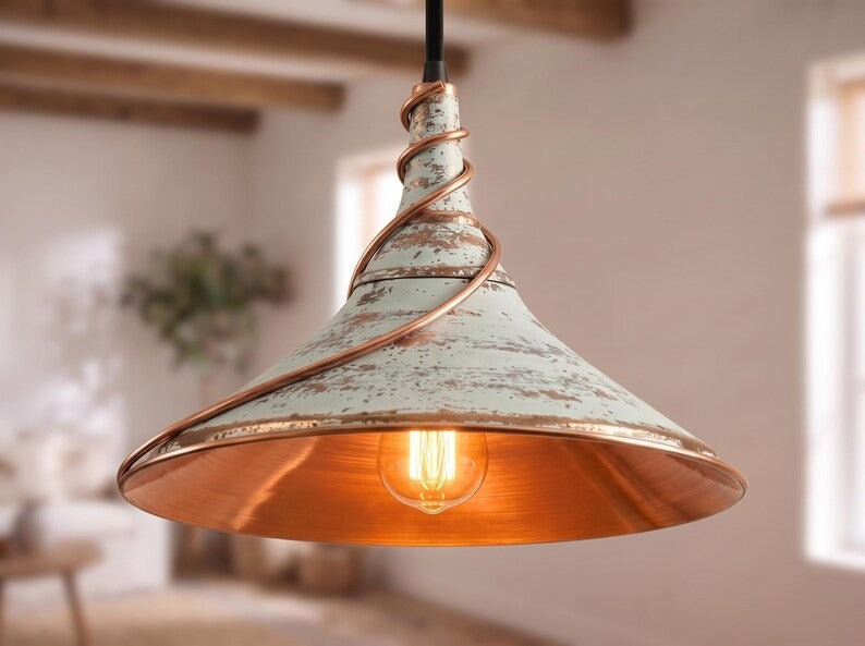 Handmade Moroccan Brass Cone Pendant Light – Distressed White Brass Hanging Lamp with Sculptural Copper Spiral, Warm Copper Interior and Rustic Boho Design for Kitchen Island & Dining Room