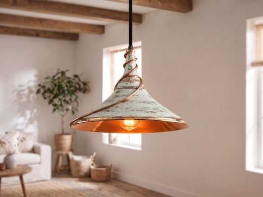 Handmade Moroccan Brass Cone Pendant Light – Distressed White Brass Hanging Lamp with Sculptural Copper Spiral, Warm Copper Interior and Rustic Boho Design for Kitchen Island & Dining Room