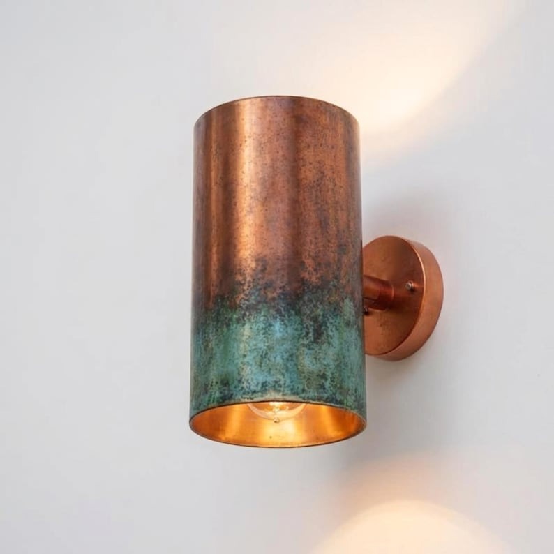 Handmade Moroccan Brass Cylinder Wall Sconce – Aged Copper and Turquoise Verdigris Wall Light with Warm Gold Interior, Modern Up and Down Lamp for Bedroom, Hallway, Entryway & Living Room