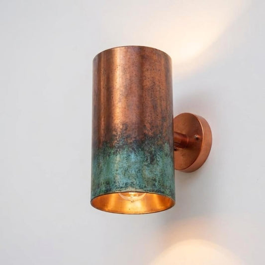 Handmade Moroccan Brass Cylinder Wall Sconce – Aged Copper and Turquoise Verdigris Wall Light with Warm Gold Interior, Modern Up and Down Lamp for Bedroom, Hallway, Entryway & Living Room