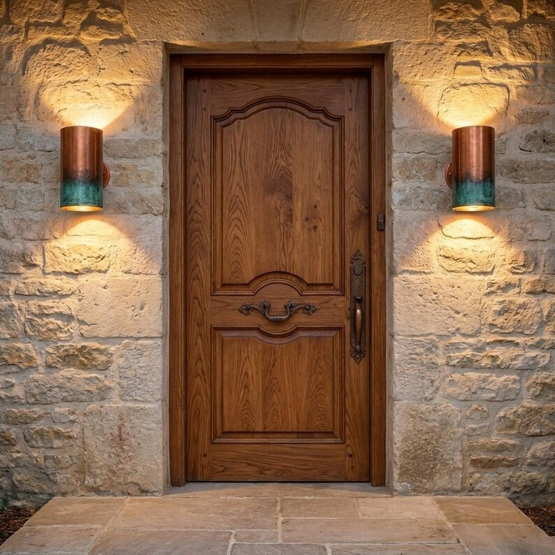 Handmade Moroccan Brass Cylinder Wall Sconce – Aged Copper and Turquoise Verdigris Wall Light with Warm Gold Interior, Modern Up and Down Lamp for Bedroom, Hallway, Entryway & Living Room
