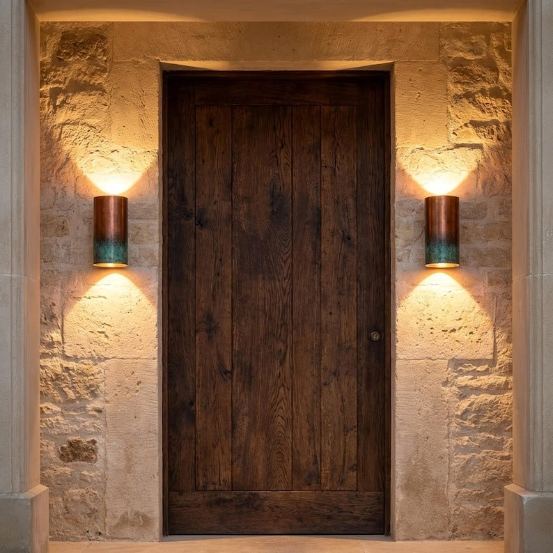 Handmade Moroccan Brass Cylinder Wall Sconce – Aged Copper and Turquoise Verdigris Wall Light with Warm Gold Interior, Modern Up and Down Lamp for Bedroom, Hallway, Entryway & Living Room