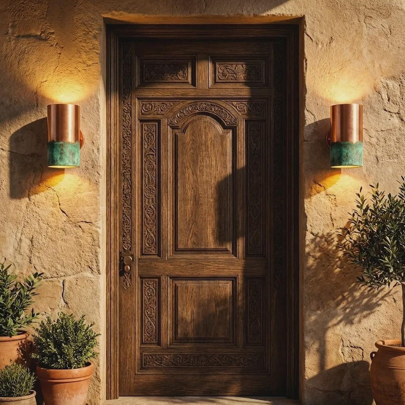 Handmade Moroccan Brass Cylinder Wall Sconce – Aged Copper and Turquoise Verdigris Wall Light with Warm Gold Interior, Modern Up and Down Lamp for Bedroom, Hallway, Entryway & Living Room