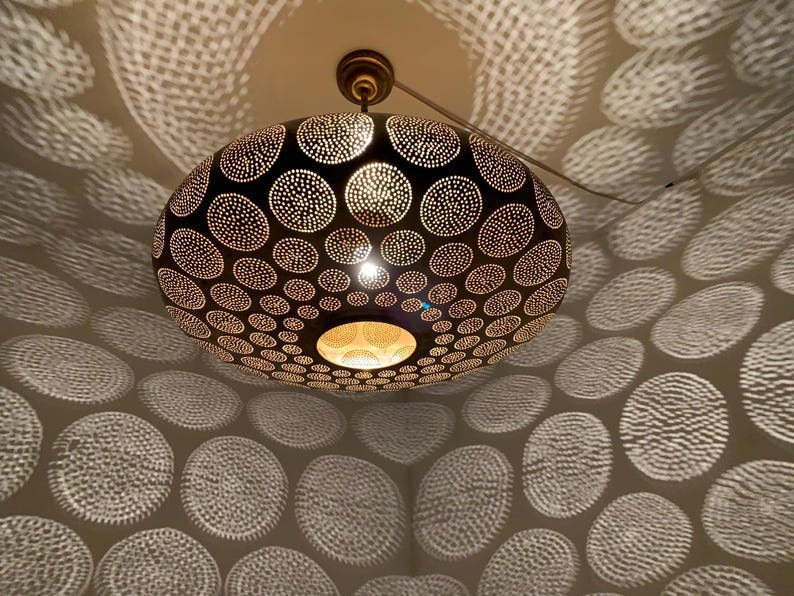 Moroccan Pierced Brass Flush Mount Ceiling Light – Round Geometric Shadow Lamp with Circular Cutout Pattern
