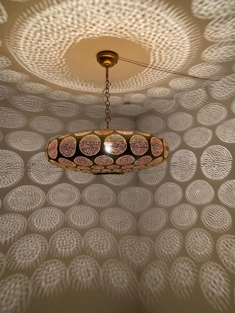 Moroccan Pierced Brass Flush Mount Ceiling Light – Round Geometric Shadow Lamp with Circular Cutout Pattern