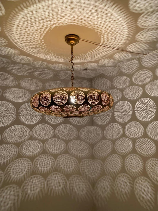 Moroccan Pierced Brass Flush Mount Ceiling Light – Round Geometric Shadow Lamp with Circular Cutout Pattern