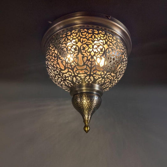 Handmade Moroccan Brass Flush Mount Ceiling Light – Pierced Floral Globe Lantern with Hammered Finial, Antique Brass Moorish Ceiling Fixture