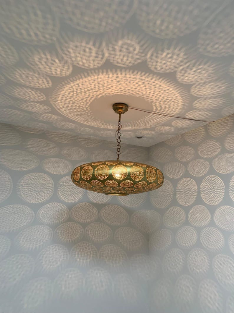 Moroccan Pierced Brass Flush Mount Ceiling Light – Round Geometric Shadow Lamp with Circular Cutout Pattern