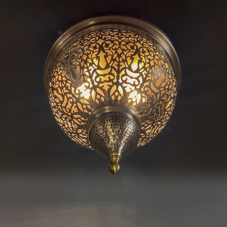 Handmade Moroccan Brass Flush Mount Ceiling Light – Pierced Floral Globe Lantern with Hammered Finial, Antique Brass Moorish Ceiling Fixture
