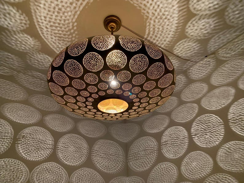 Moroccan Pierced Brass Flush Mount Ceiling Light – Round Geometric Shadow Lamp with Circular Cutout Pattern