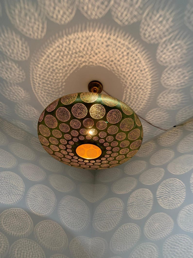 Moroccan Pierced Brass Flush Mount Ceiling Light – Round Geometric Shadow Lamp with Circular Cutout Pattern