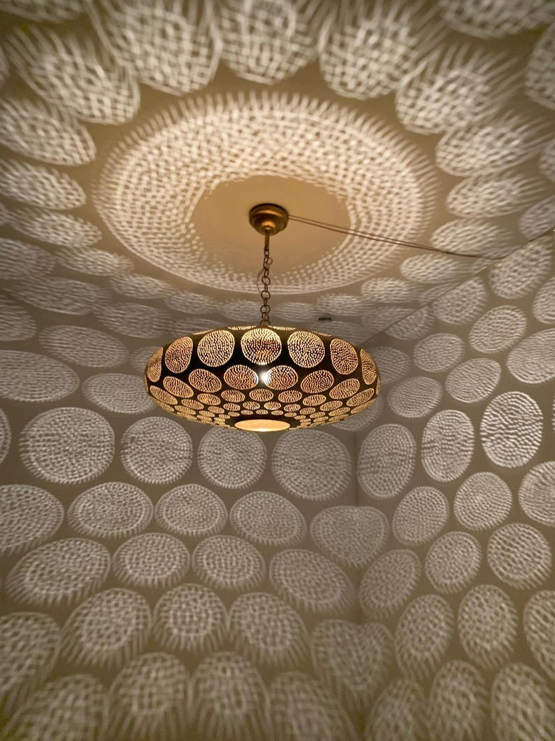 Moroccan Pierced Brass Flush Mount Ceiling Light – Round Geometric Shadow Lamp with Circular Cutout Pattern