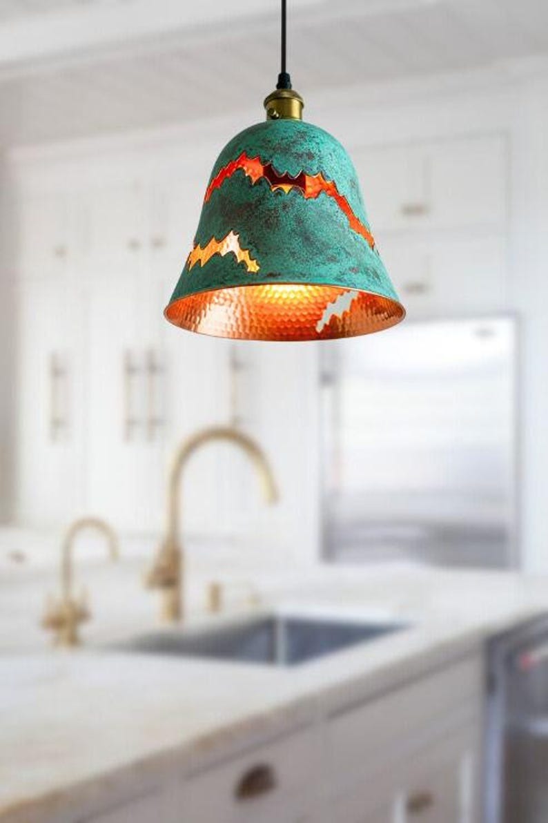 Handmade Green Patina Brass Pendant Light – Moroccan Mountain Cutout Dome Pendant Lamp with Hammered Brass Interior for Kitchen Island & Boho Home Décor
