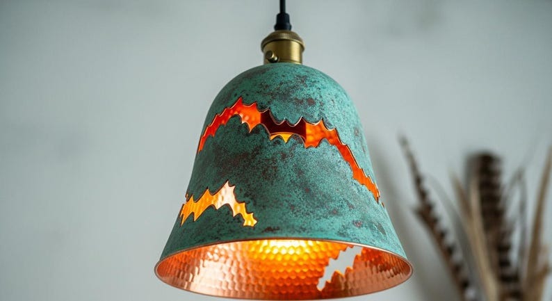 Handmade Green Patina Brass Pendant Light – Moroccan Mountain Cutout Dome Pendant Lamp with Hammered Brass Interior for Kitchen Island & Boho Home Décor