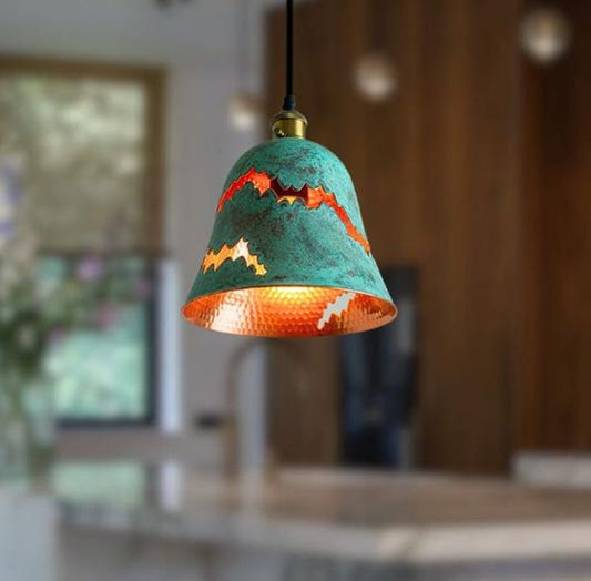 Handmade Green Patina Brass Pendant Light – Moroccan Mountain Cutout Dome Pendant Lamp with Hammered Brass Interior for Kitchen Island & Boho Home Décor