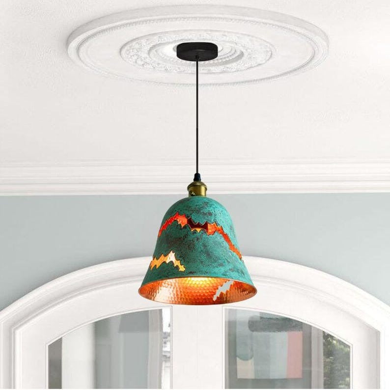 Handmade Green Patina Brass Pendant Light – Moroccan Mountain Cutout Dome Pendant Lamp with Hammered Brass Interior for Kitchen Island & Boho Home Décor