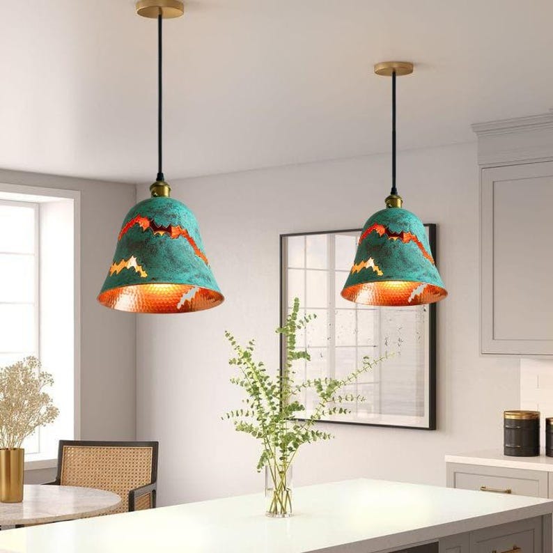 Handmade Green Patina Brass Pendant Light – Moroccan Mountain Cutout Dome Pendant Lamp with Hammered Brass Interior for Kitchen Island & Boho Home Décor