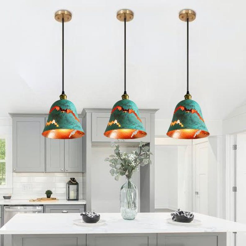 Handmade Green Patina Brass Pendant Light – Moroccan Mountain Cutout Dome Pendant Lamp with Hammered Brass Interior for Kitchen Island & Boho Home Décor