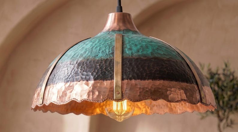 Handmade Brass Moroccan Dome Pendant Light – Multicolor Verdigris Patina & Copper Hammered Brass Hanging Lamp, Scalloped Kitchen Island Ceiling Fixture