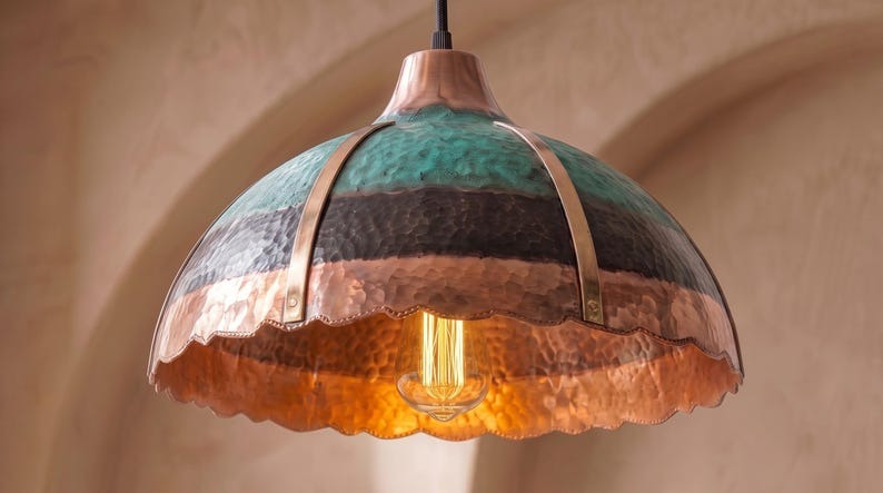 Handmade Brass Moroccan Dome Pendant Light – Multicolor Verdigris Patina & Copper Hammered Brass Hanging Lamp, Scalloped Kitchen Island Ceiling Fixture