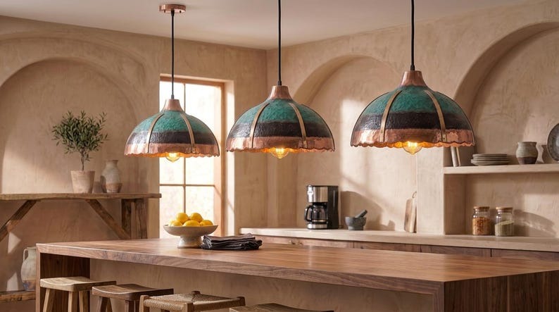 Handmade Brass Moroccan Dome Pendant Light – Multicolor Verdigris Patina & Copper Hammered Brass Hanging Lamp, Scalloped Kitchen Island Ceiling Fixture
