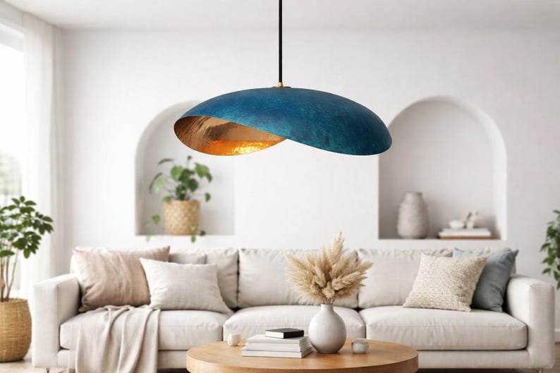 Blue Patina Copper Saucer Pendant Light, Handmade Moroccan Sculptural Hanging Lamp, Organic Oval Kitchen Island Chandelier, Rustic Boho Farmhouse Ceiling Light Fixture