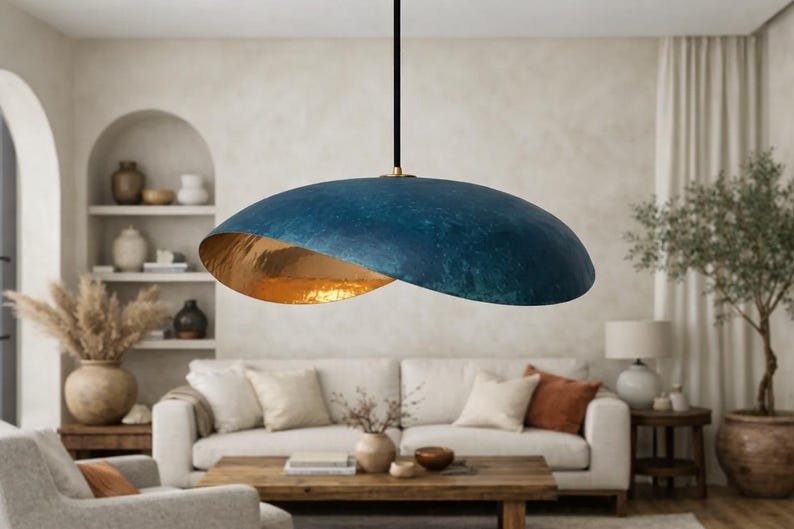Blue Patina Copper Saucer Pendant Light, Handmade Moroccan Sculptural Hanging Lamp, Organic Oval Kitchen Island Chandelier, Rustic Boho Farmhouse Ceiling Light Fixture