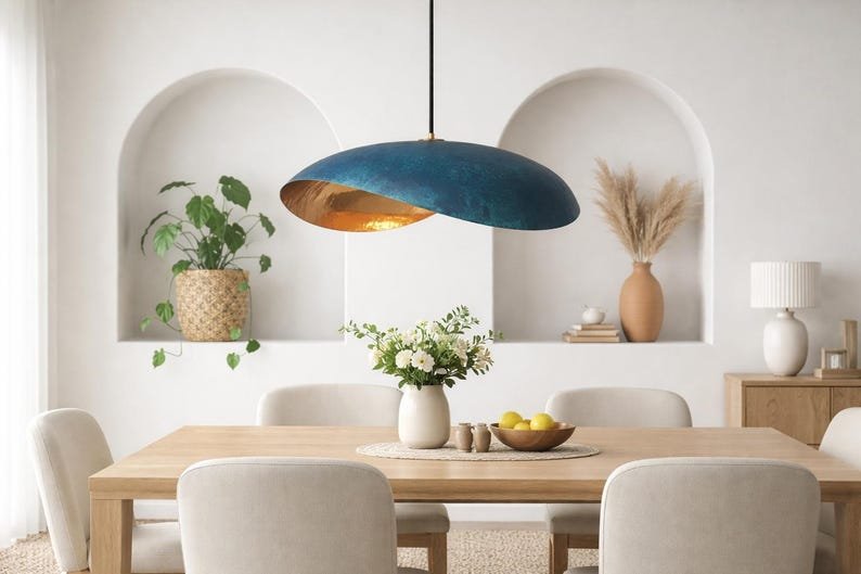 Blue Patina Copper Saucer Pendant Light, Handmade Moroccan Sculptural Hanging Lamp, Organic Oval Kitchen Island Chandelier, Rustic Boho Farmhouse Ceiling Light Fixture