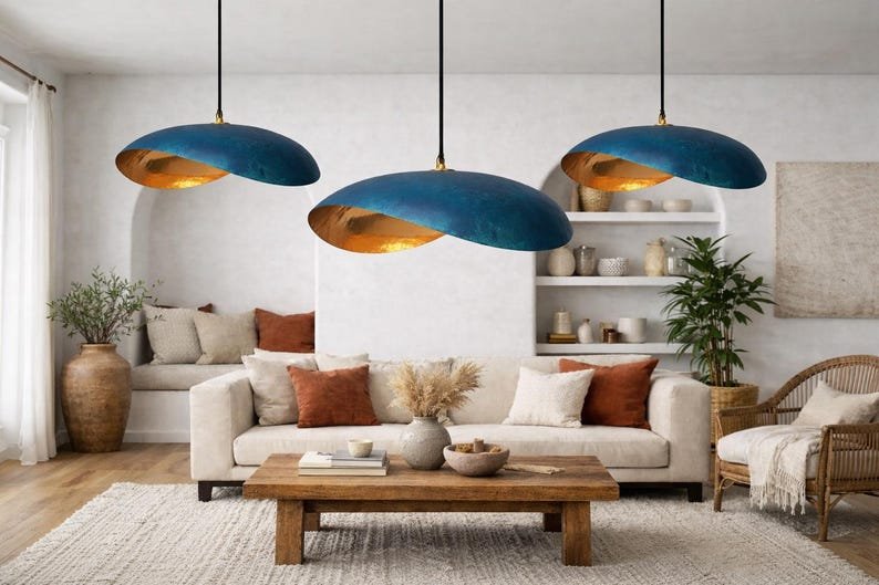 Blue Patina Copper Saucer Pendant Light, Handmade Moroccan Sculptural Hanging Lamp, Organic Oval Kitchen Island Chandelier, Rustic Boho Farmhouse Ceiling Light Fixture