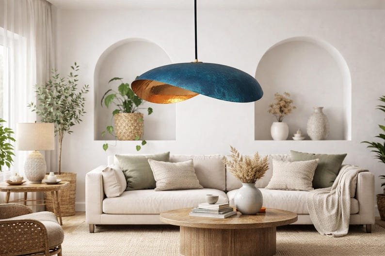 Blue Patina Copper Saucer Pendant Light, Handmade Moroccan Sculptural Hanging Lamp, Organic Oval Kitchen Island Chandelier, Rustic Boho Farmhouse Ceiling Light Fixture