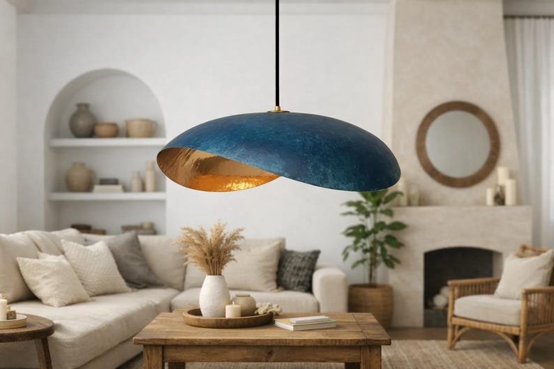 Blue Patina Copper Saucer Pendant Light, Handmade Moroccan Sculptural Hanging Lamp, Organic Oval Kitchen Island Chandelier, Rustic Boho Farmhouse Ceiling Light Fixture