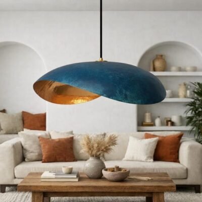 Blue Patina Copper Saucer Pendant Light, Handmade Moroccan Sculptural Hanging Lamp, Organic Oval Kitchen Island Chandelier, Rustic Boho Farmhouse Ceiling Light Fixture