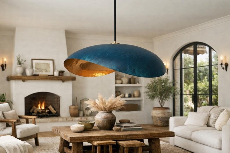 Blue Patina Copper Saucer Pendant Light, Handmade Moroccan Sculptural Hanging Lamp, Organic Oval Kitchen Island Chandelier, Rustic Boho Farmhouse Ceiling Light Fixture