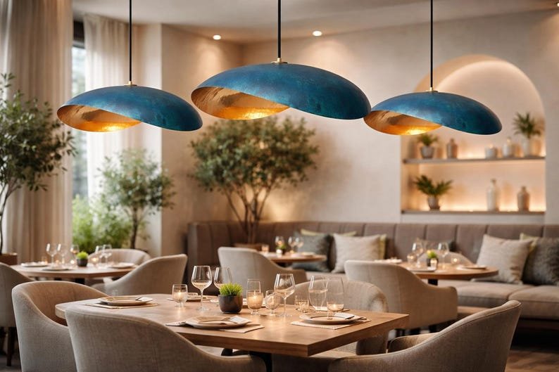Blue Patina Copper Saucer Pendant Light, Handmade Moroccan Sculptural Hanging Lamp, Organic Oval Kitchen Island Chandelier, Rustic Boho Farmhouse Ceiling Light Fixture